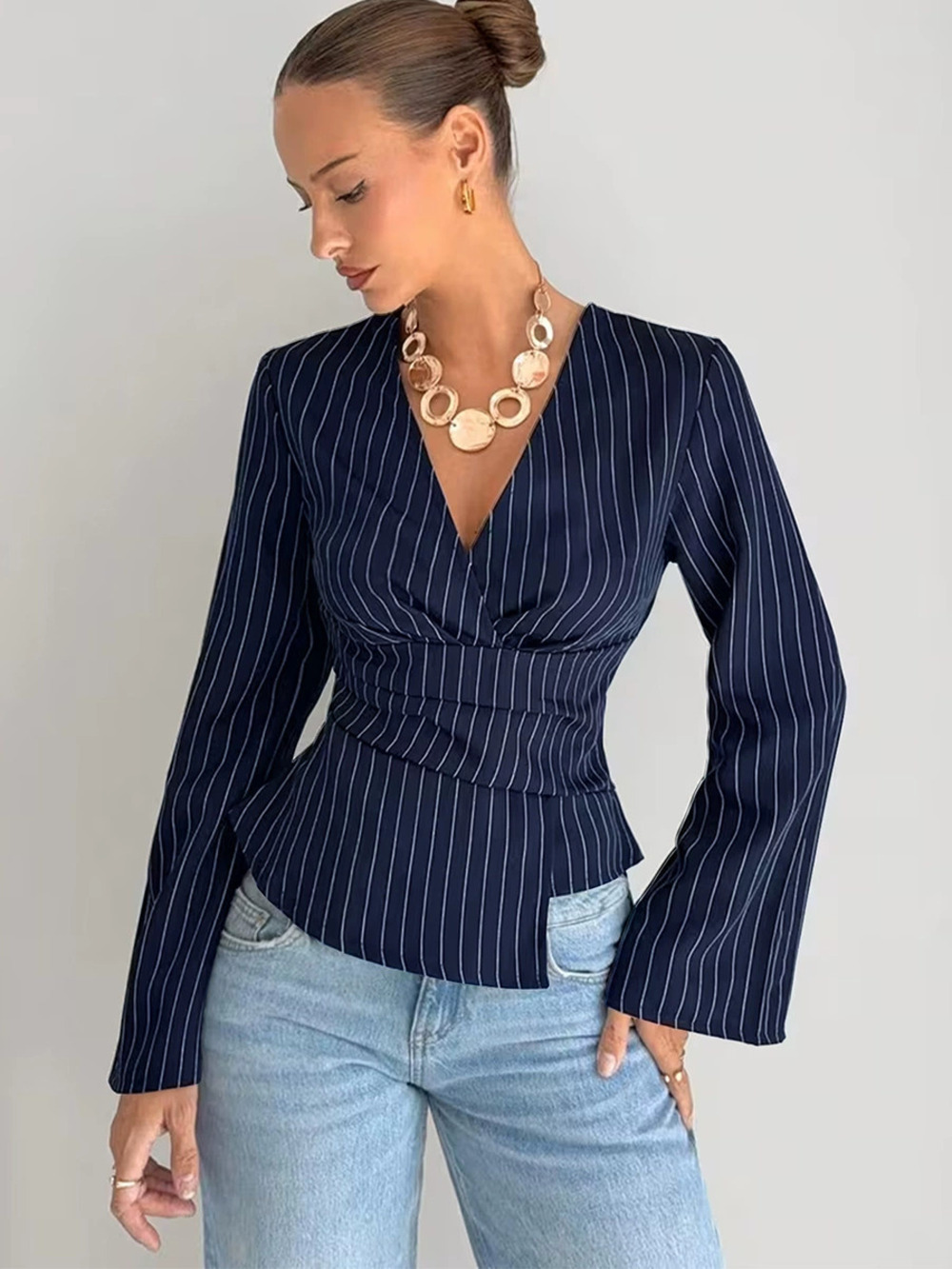 ZARA Fashion Striped Collar Long Sleeve Cinched Waist Pullover Blouse